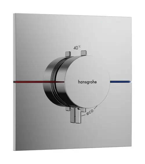 Thermostat von Hansgrohe in Chrom mit einem zentralen Drehknopf zur Temperatureinstellung, neben dem Eco-Modus und einer Skala bis 40°C.